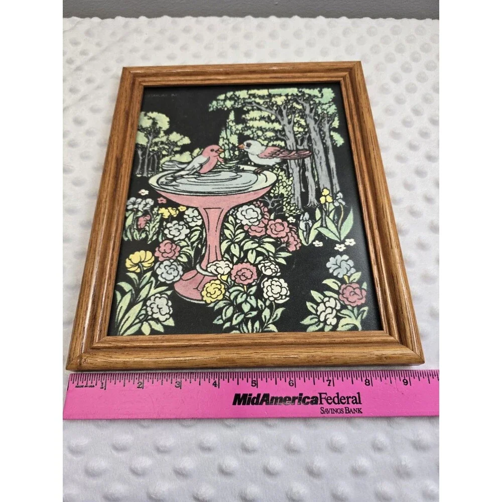 90's Fuzzy Velvet Art 8x10 Wooden Picture Frame Easel Back Birds Garden Birdbath
